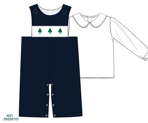 Boys Navy Velvet Smocked Christmas Tree Jon Jon & Shirt