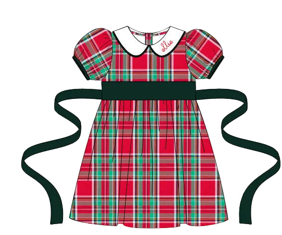 PRE-ORDER: Girls Christmas Plaid Velvet Sash Dress (ETA September)