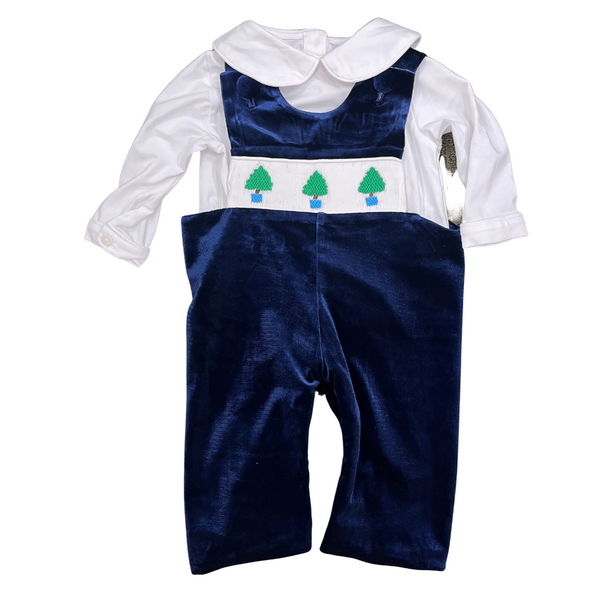 Boys Navy Velvet Smocked Christmas Tree Jon Jon & Shirt