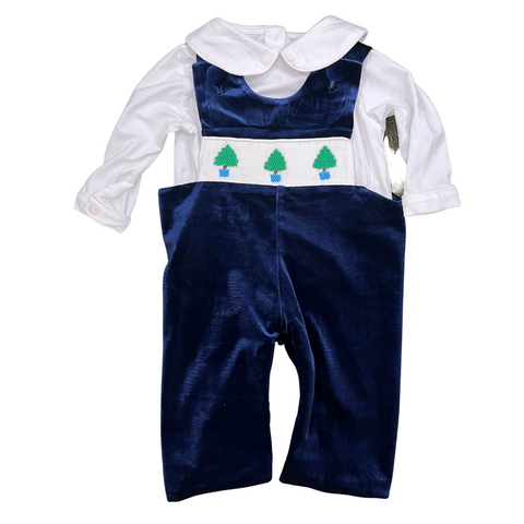 Boys Navy Velvet Smocked Christmas Tree Jon Jon & Shirt