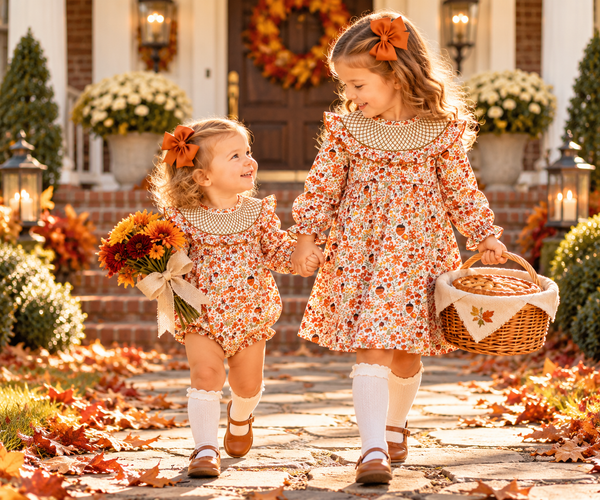 Girls Fall Acorn Floral Smocked Bubble