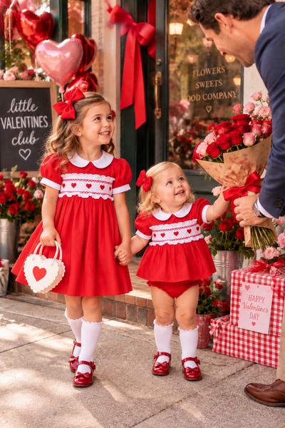 PRE-ORDER: Girls Red Swiss Dot Heart Smocked Dress (ETA January)