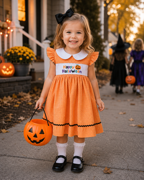 Girls Smocked Happy Halloween Dress
