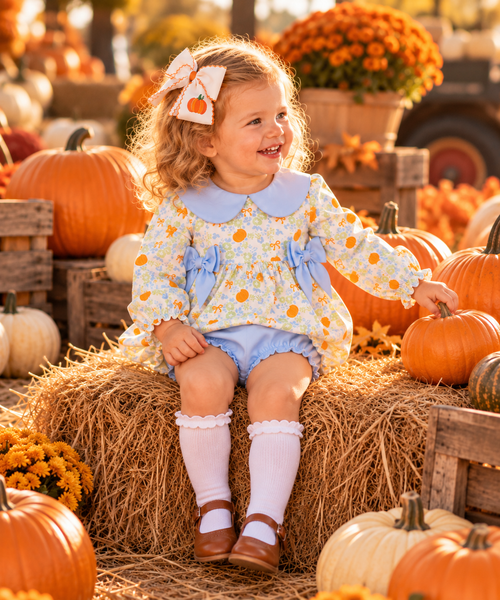 Girls Pumpkins & Blue Bows Diaper Set