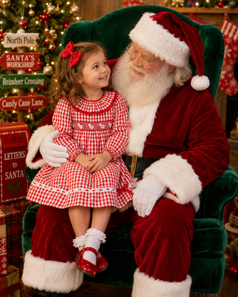 PRE-ORDER: Girls Red Gingham Smocked Santa Dress Set (ETA September)