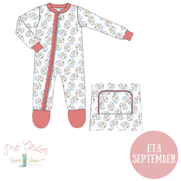 PRE-ORDER: Baby Girl Vintage Blue Santa Footie Ruffle Pajamas (ETA September)