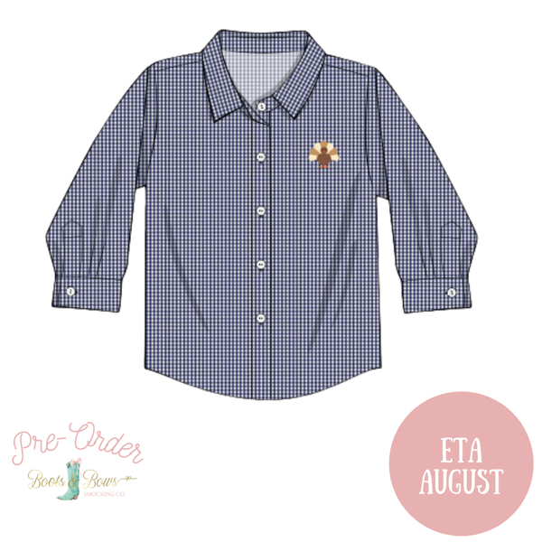 PRE-ORDER: Boys Navy Gingham Turkey Button-Up Shirt (ETA August)