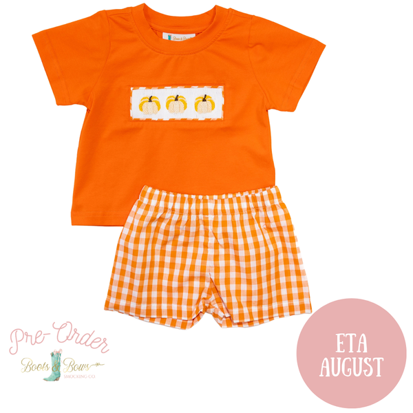 Boys Smocked Pumpkin Gingham Shorts Set