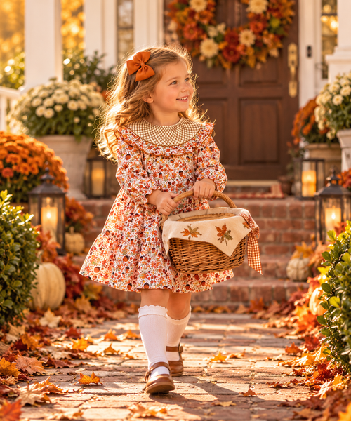 Girls Fall Acorn Floral Smocked Dress