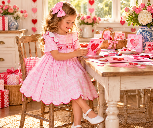 PRE-ORDER: Girls Smocked Lattice Hearts & Bows Dress (ETA January)