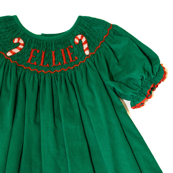 PRE-ORDER: Girls Custom Name Smocked Candy Cane Dress (ETA September)