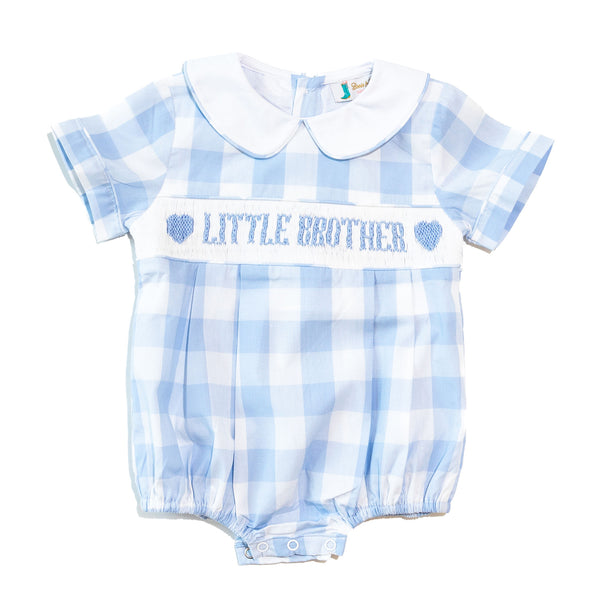 Boys Smocked Little Brother Blue Check Bubble