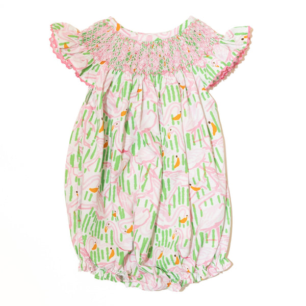 Girls Summer Swan Smocked Bubble