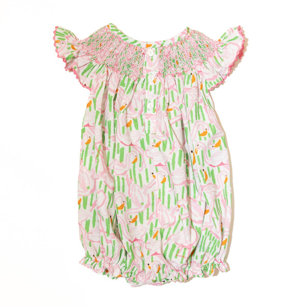 Girls Summer Swan Smocked Bubble