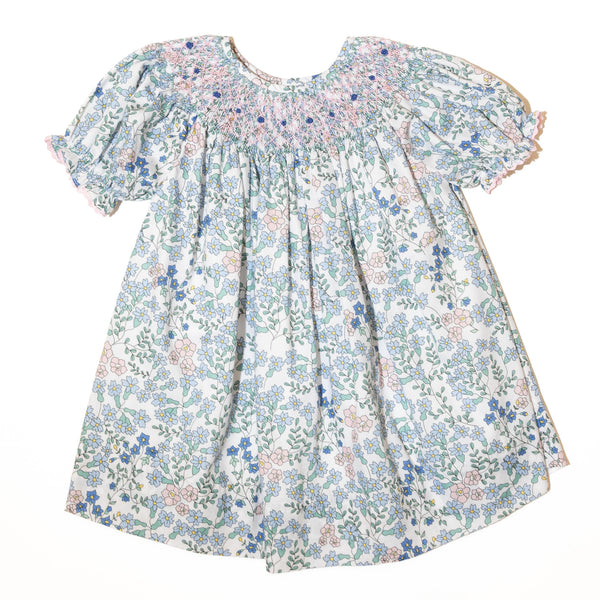 Girls Blue Floral & Rosettes Smocked Dress