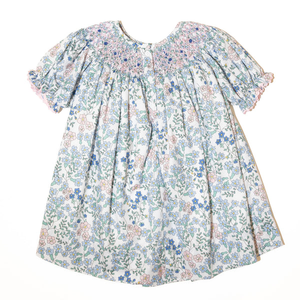 Girls Blue Floral & Rosettes Smocked Dress