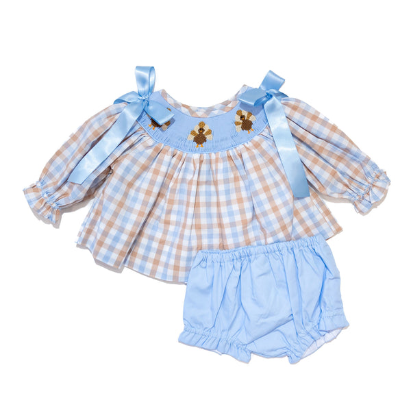 PRE-ORDER: Girls Plaid Turkey Smocked Diaper Set (ETA August)
