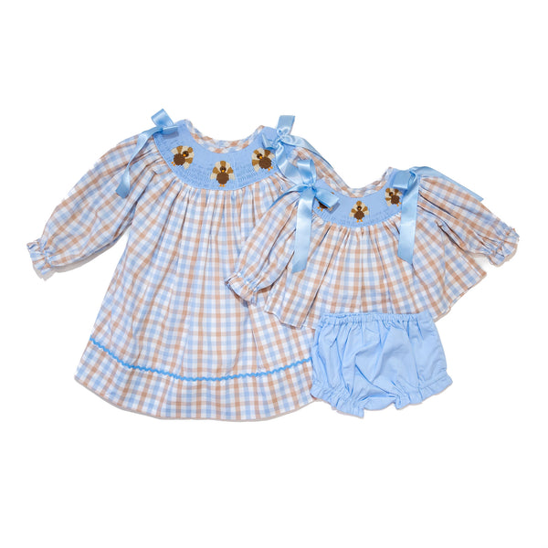 PRE-ORDER: Girls Blue & Brown Plaid Turkey Smocked Dress (ETA August)