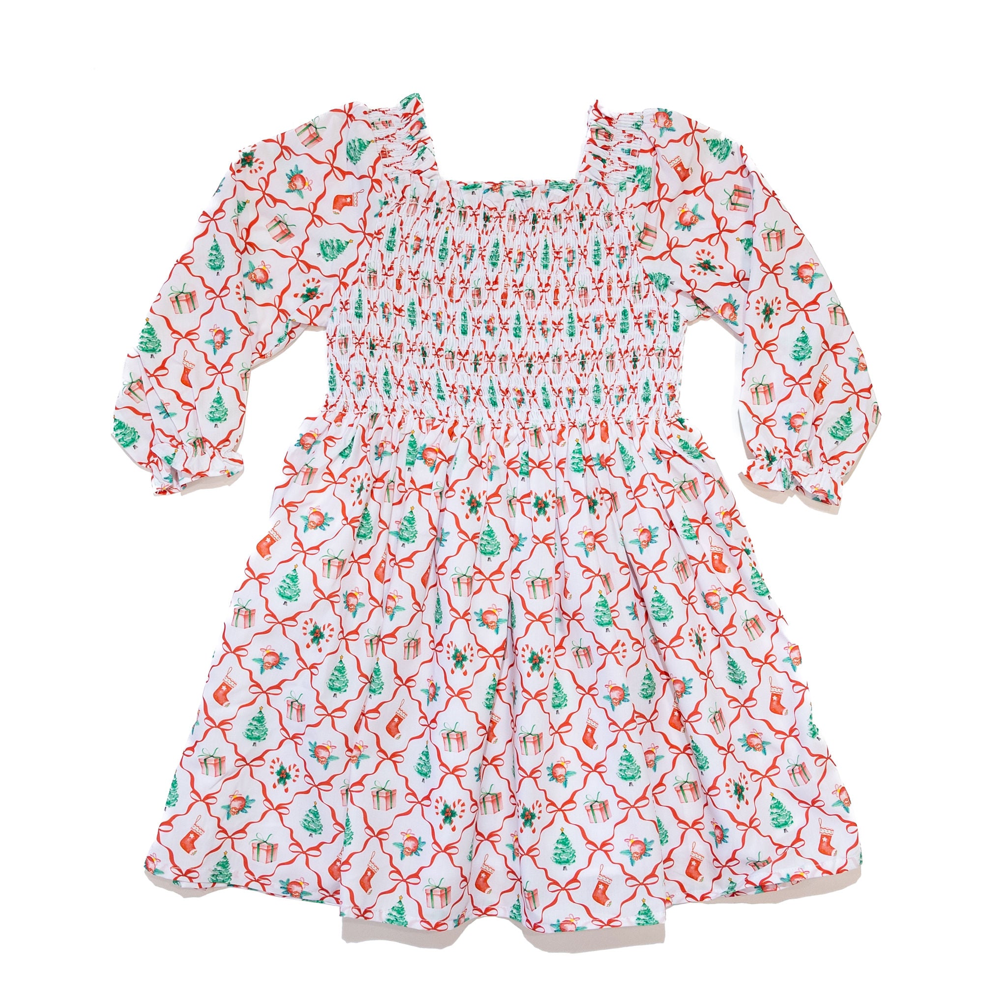 Girls Christmas Bows Smocked Dress