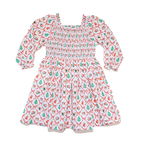 Girls Christmas Bows Smocked Dress
