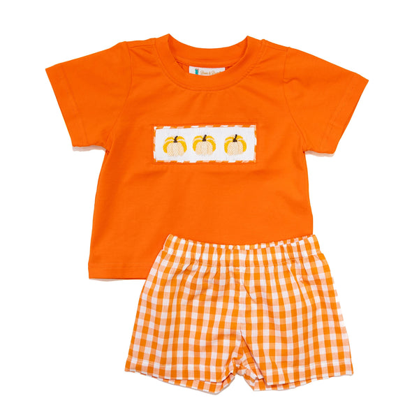 Boys Smocked Pumpkin Gingham Shorts Set