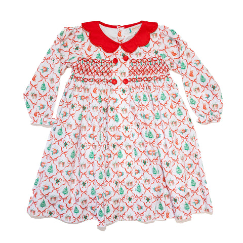Girls Christmas Bows Smocked Dress
