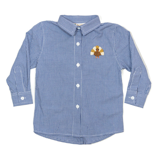 PRE-ORDER: Boys Navy Gingham Turkey Button-Up Shirt (ETA August)