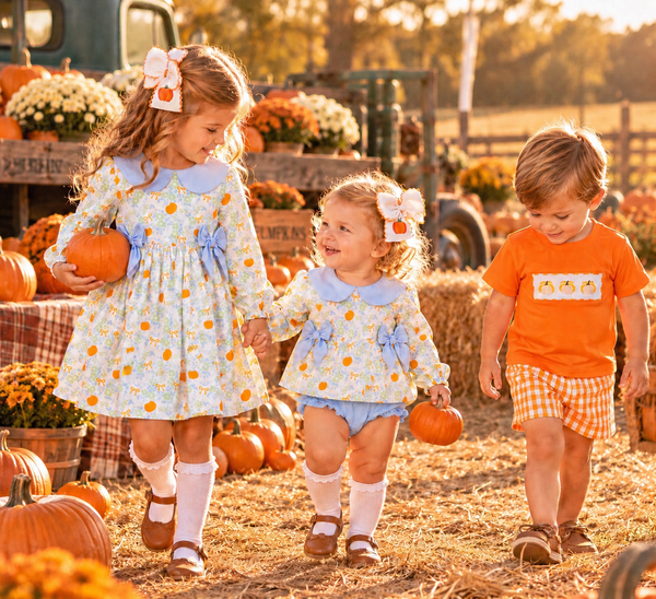 Girls Pumpkins & Blue Bows Diaper Set
