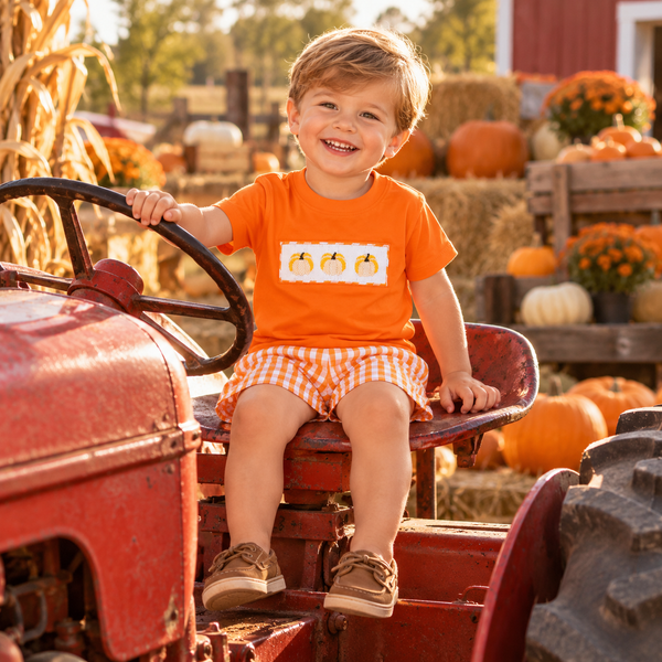 Boys Smocked Pumpkin Gingham Shorts Set