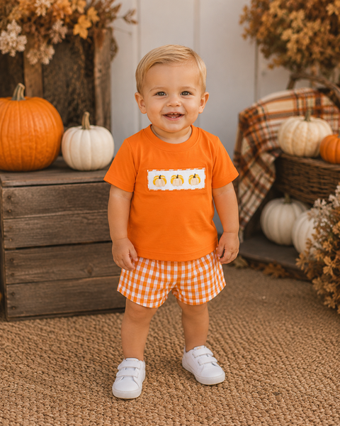Boys Smocked Pumpkin Gingham Shorts Set