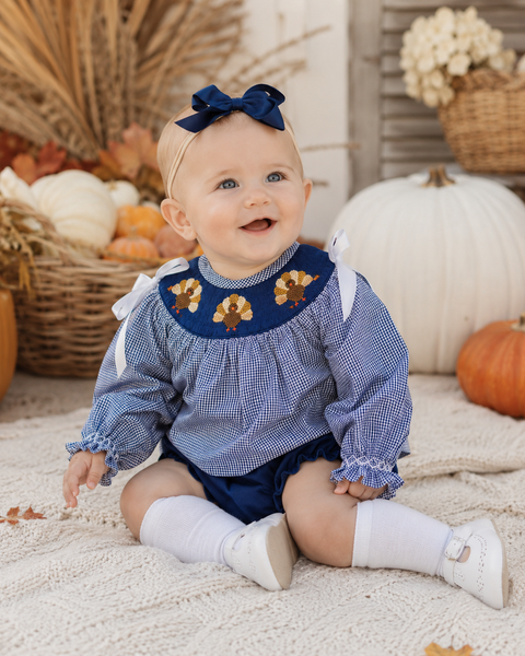 Girls Navy Gingham Smocked Turkey Diaper Set