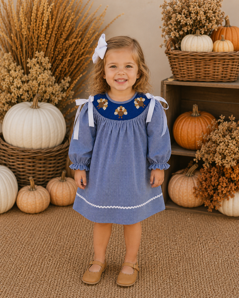 Girls Navy Gingham Smocked Turkey Dress