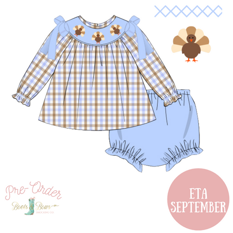 PRE-ORDER: Girls Plaid Turkey Smocked Diaper Set (ETA SEPTEMBER)