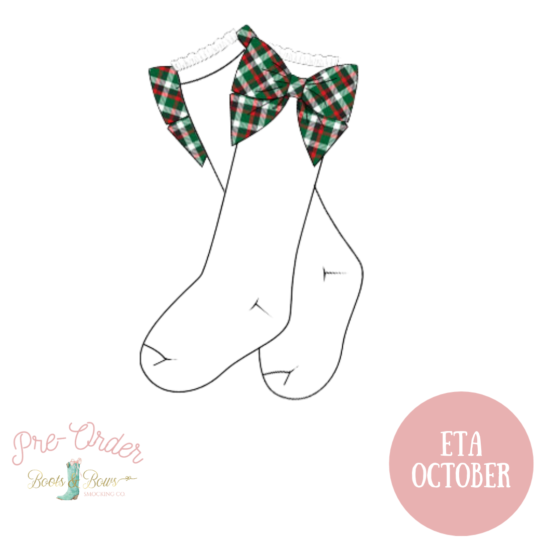 PRE-ORDER: Girls Green Plaid Bow Socks (ETA October)