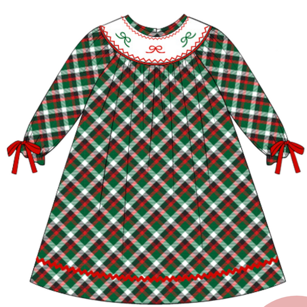 Girls Smocked Green Plaid & Bows Dress