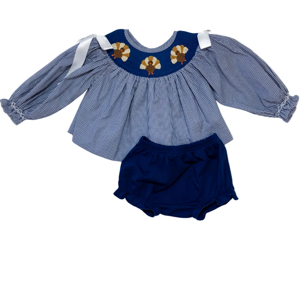 Girls Navy Gingham Smocked Turkey Diaper Set