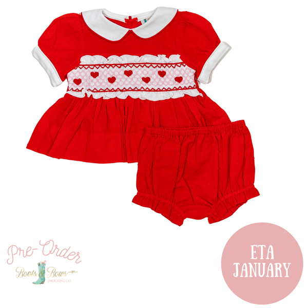 PRE-ORDER: Girls Red Swiss Dot Heart Smocked Diaper Set (ETA January)