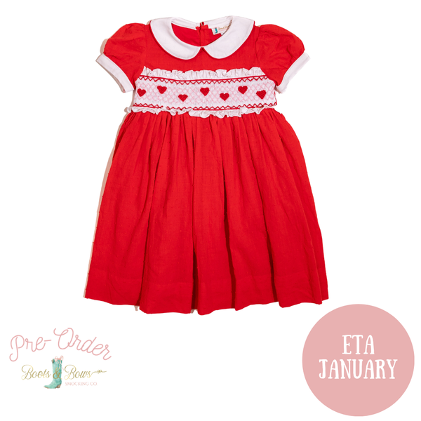 PRE-ORDER: Girls Red Swiss Dot Heart Smocked Dress (ETA January)