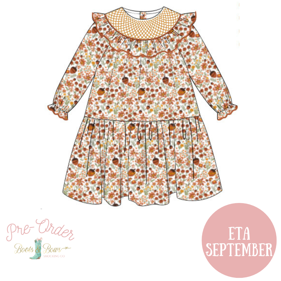 PRE-ORDER: Girls Fall Floral Acorn Smocked Dress (ETA SEPTEMBER)