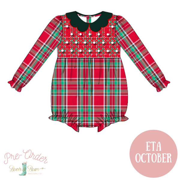 PRE-ORDER: Girls Christmas Plaid Smocked Pearl Bubble (ETA October)