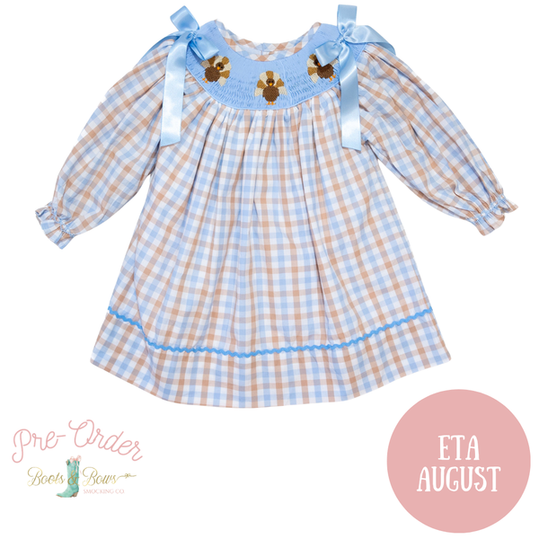 PRE-ORDER: Girls Blue & Brown Plaid Turkey Smocked Dress (ETA August)