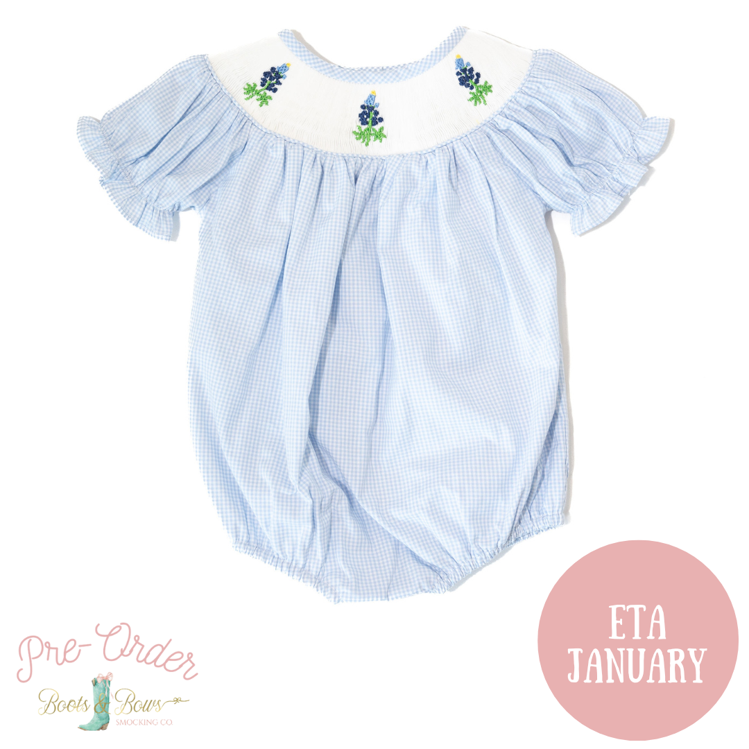 PRE-ORDER: Girls Gingham Smocked Bluebonnet Bubble (ETA January)