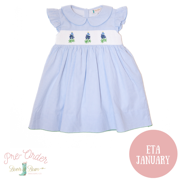 PRE-ORDER: Girls Gingham Smocked Bluebonnet Dress (ETA January)