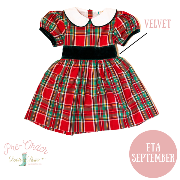 PRE-ORDER: Girls Christmas Plaid Velvet Sash Dress (ETA September)
