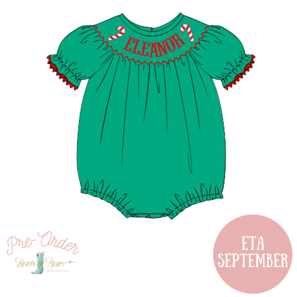 PRE-ORDER: Girls Custom Name Smocked Candy Cane Bubble (ETA September)