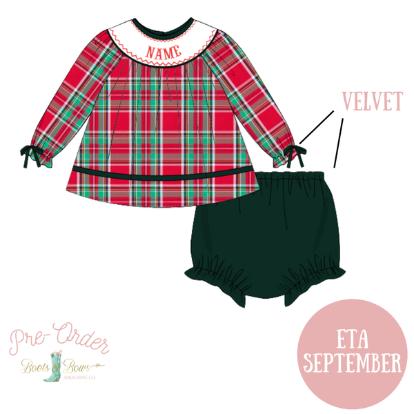 PRE-ORDER: Girls Christmas Plaid Custom Smocked Diaper Set (ETA September)