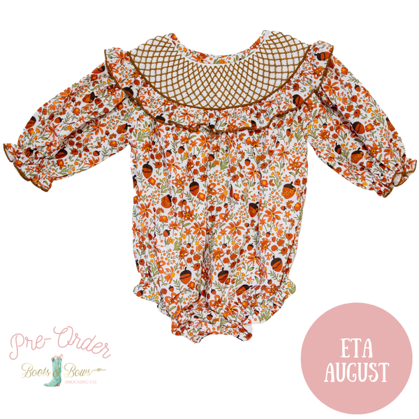 PRE-ORDER: Girls Fall Acorn Floral Smocked Bubble (ETA August)