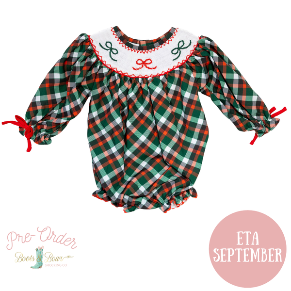 PRE-ORDER: Girls Smocked Green Plaid & Bows Bubble (ETA September)