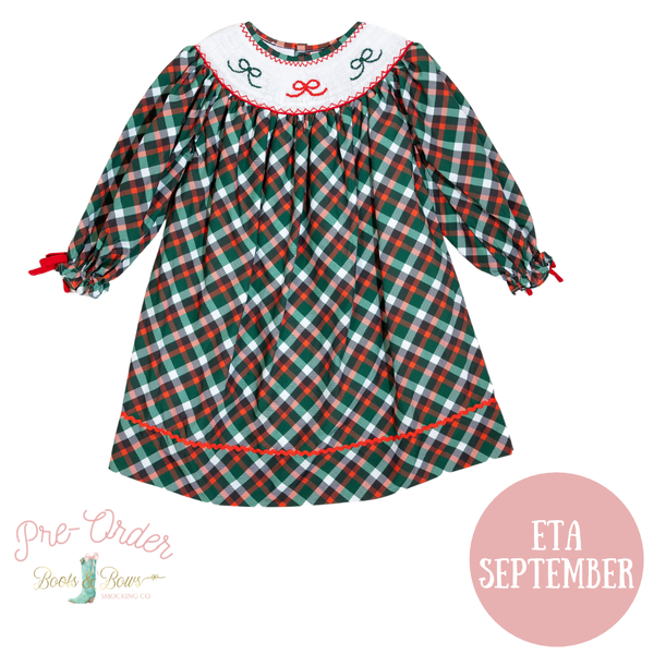 PRE-ORDER: Girls Smocked Green Plaid & Bows Dress (ETA September)