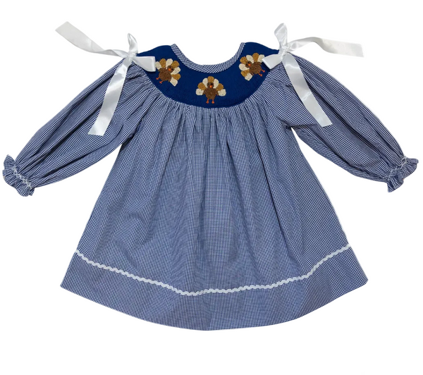 Girls Navy Gingham Smocked Turkey Dress